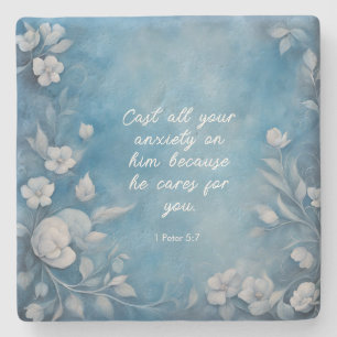 1 Peter 5:7 “Cast All Your Anxiety” Blue Floral Stone Coaster