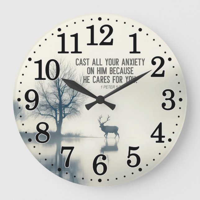 1 Peter 5:7 Cast All Your Anxiety on Him He Cares  Large Clock (Front)