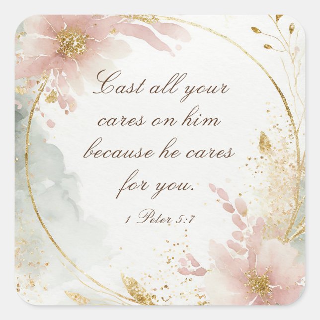 1 Peter 5:7 Cast All Your Cares on Him Bible Verse Square Sticker (Front)