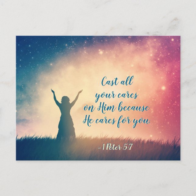 1 Peter 5:7 Cast all your cares on Him, Scripture Postcard (Front)