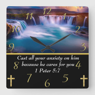 1 Peter 5:7 Christian Faith a waterfall  Square Wall Clock