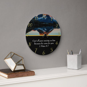 1 Peter 5:7 Christian Faith moutain lake Large Clock