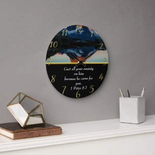 1 Peter 5:7 Christian Faith moutain lake  Large Clock