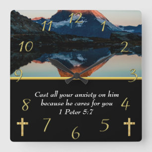 1 Peter 5:7 Christian Faith moutain lake Square Wall Clock