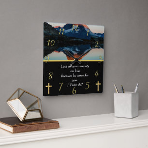 1 Peter 5:7 Christian Faith moutain lake Square Wall Clock