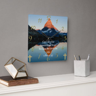 1 Peter 5:7 Christian Faith moutain lake view Square Wall Clock