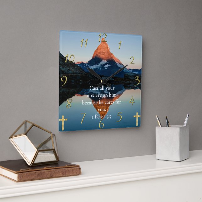 1 Peter 5:7 Christian Faith moutain lake view Square Wall Clock (Office)