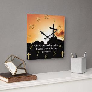 1 Peter 5:7 cross on a mountain  Square Wall Clock