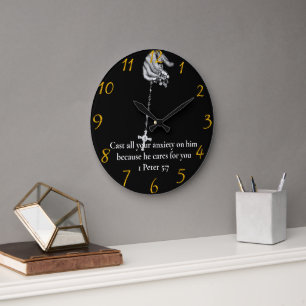  1 Peter 5:7 hand holding cross  Large Clock