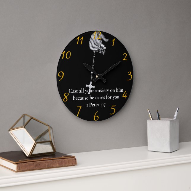  1 Peter 5:7 hand holding cross  Large Clock (Office)