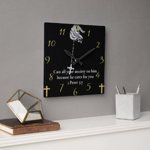  1 Peter 5:7 hand holding cross Square Wall Clock