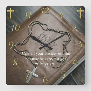 1 Peter 5:7 Holy Bible with cross Square Wall Clock