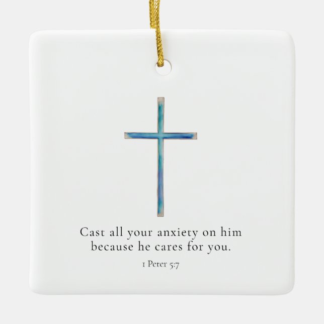 1 Peter 5:7 Minimalist Cross Ceramic Ornament (Front)