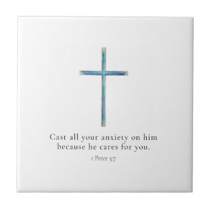 1 Peter 5:7 Minimalist Cross Ceramic Tile