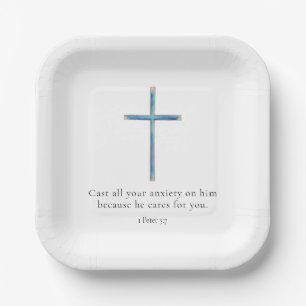 1 Peter 5:7 Minimalist Cross Paper Plate