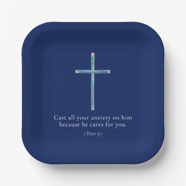 1 Peter 5:7 Minimalist Cross Paper Plate (Front)