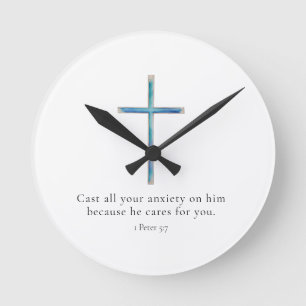 1 Peter 5:7 Minimalist Cross Round Clock