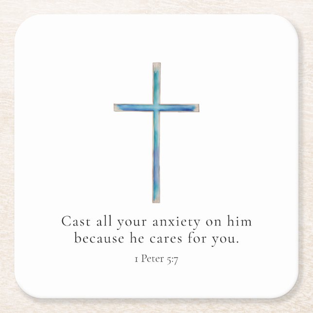 1 Peter 5:7 Minimalist Cross ] Square Paper Coaster (Front)