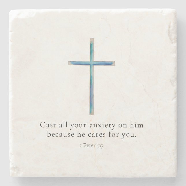 1 Peter 5:7 Minimalist Cross Stone Coaster (Front)