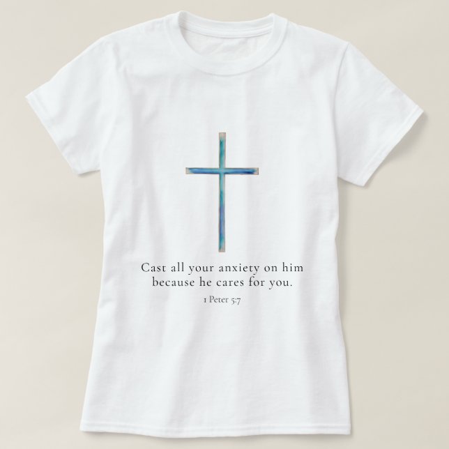 1 Peter 5:7 Minimalist Cross T-Shirt (Design Front)