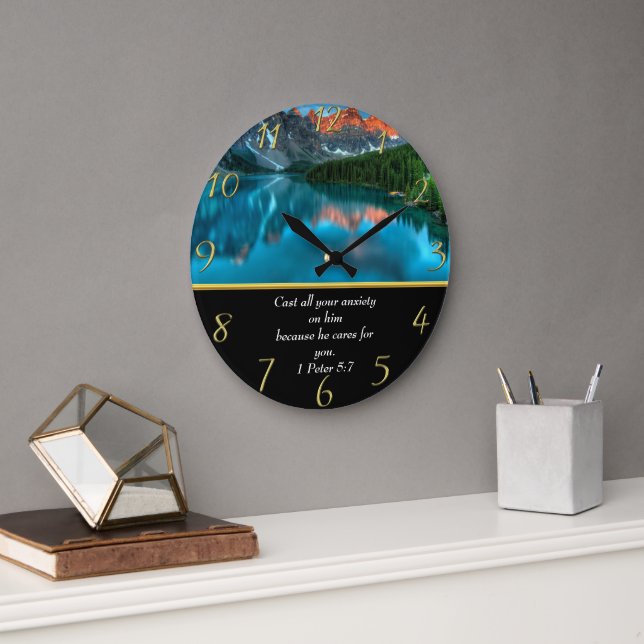 1 Peter 5:7 moutain lake  Large Clock (Office)