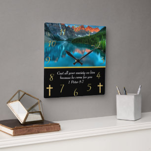 1 Peter 5:7 moutain lake Square Wall Clock