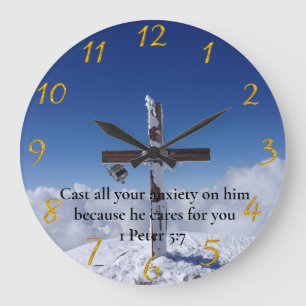1 Peter 5:7 moutain peak cross  Large Clock