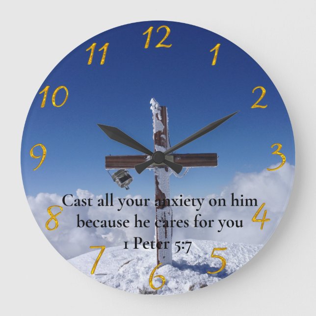 1 Peter 5:7 moutain peak cross  Large Clock (Front)