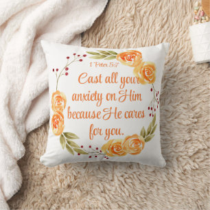 1 Peter 5:7 Orange Floral Bible Scripture Cushion