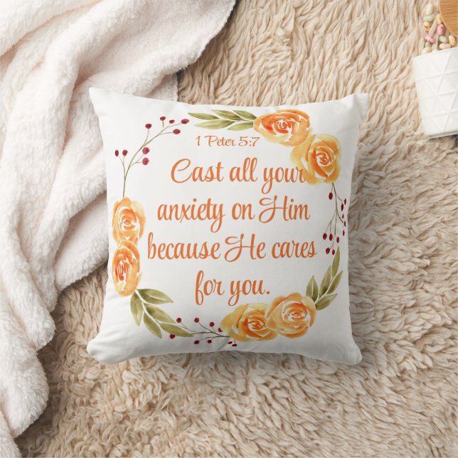 1 Peter 5:7 Orange Floral Bible Scripture Cushion (Blanket)