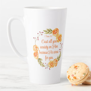 1 Peter 5:7 Orange Floral Bible Scripture Latte Mug