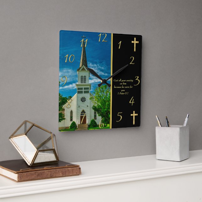 1 Peter 5:7  White Church Square Wall Clock (Office)