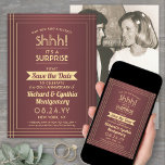 1 Photo Anniversary Surprise Party Burgundy & Gold Save The Date<br><div class="desc">Can you keep a secret? Invite family and friends to an elegant and exciting surprise anniversary party with custom photo burgundy and gold save the date invitations. Picture and all wording on this template are simple to personalise, including message that reads "Shhh! It's a SURPRISE." The design features a modern...</div>