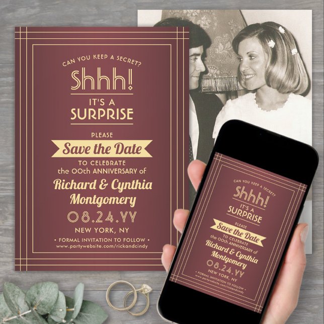 1 Photo Anniversary Surprise Party Burgundy & Gold Save The Date (Creator Uploaded)