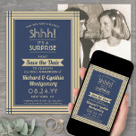 1 Photo Anniversary Surprise Party Navy Blue Gold Save The Date<br><div class="desc">Can you keep a secret? Invite family and friends to an elegant and exciting surprise anniversary party with custom photo navy blue and gold save the date invitations. Picture and all wording on this template are simple to personalise, including message that reads "Shhh! It's a SURPRISE." The design features a...</div>