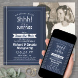 1 Photo Anniversary Surprise Party Navy Blue White Save The Date<br><div class="desc">Can you keep a secret? Invite family and friends to an elegant and exciting surprise anniversary party with custom photo navy blue and white save the date invitations. Picture and all wording on this template are simple to personalise, including message that reads "Shhh! It's a SURPRISE." The design features a...</div>