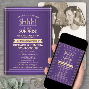 1 Photo Anniversary Surprise Party Purple and Gold Invitation