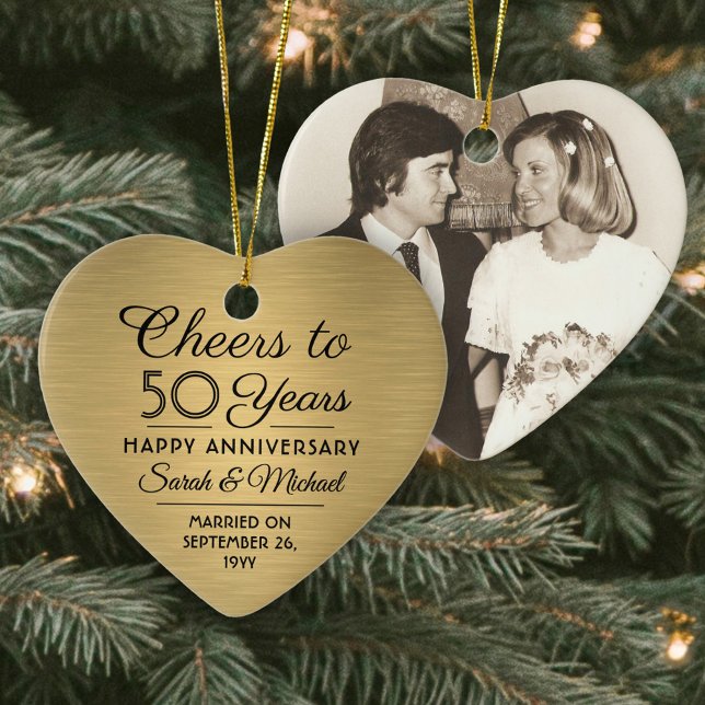 1 Photo ANY Anniversary Cheers Black & Gold Heart Ceramic Ornament (Creator Uploaded)