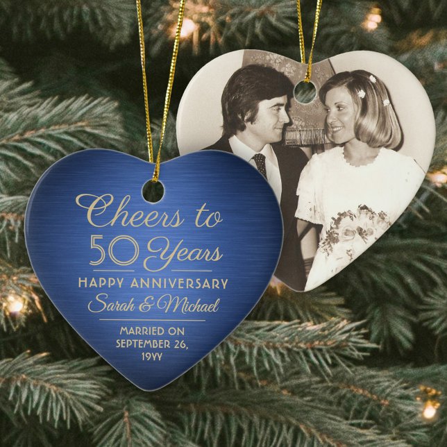 1 Photo ANY Anniversary Cheers Blue and Gold Heart Ceramic Ornament (Creator Uploaded)