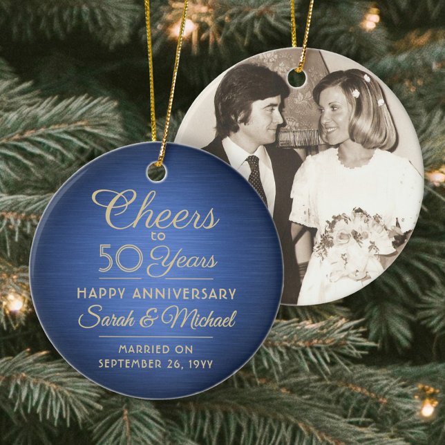 1 Photo ANY Anniversary Cheers Brushed Blue & Gold Ceramic Ornament (Creator Uploaded)