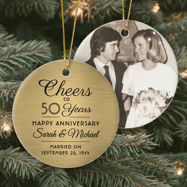 1 Photo ANY Anniversary Cheers Brushed Faux Gold Ceramic Ornament (Creator Uploaded)