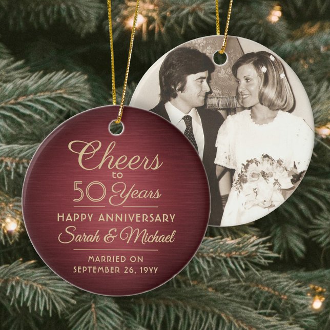 1 Photo ANY Anniversary Cheers Brushed Red & Gold Ceramic Ornament (Creator Uploaded)