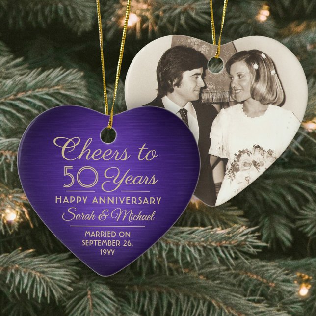 1 Photo ANY Anniversary Cheers Purple & Gold Heart Ceramic Ornament (Creator Uploaded)
