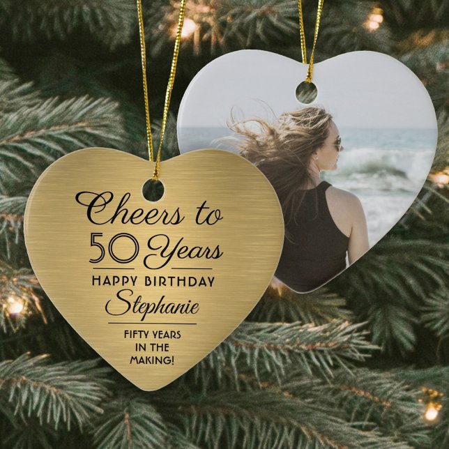 1 Photo ANY Birthday Brushed Black and Gold Heart Ceramic Ornament (Creator Uploaded)