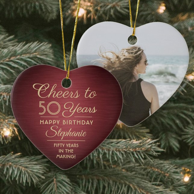 1 Photo ANY Birthday Brushed Burgundy & Gold Heart Ceramic Ornament (Creator Uploaded)