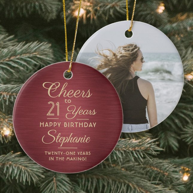 1 Photo ANY Birthday Brushed Burgundy & Gold Round Ceramic Ornament (Creator Uploaded)