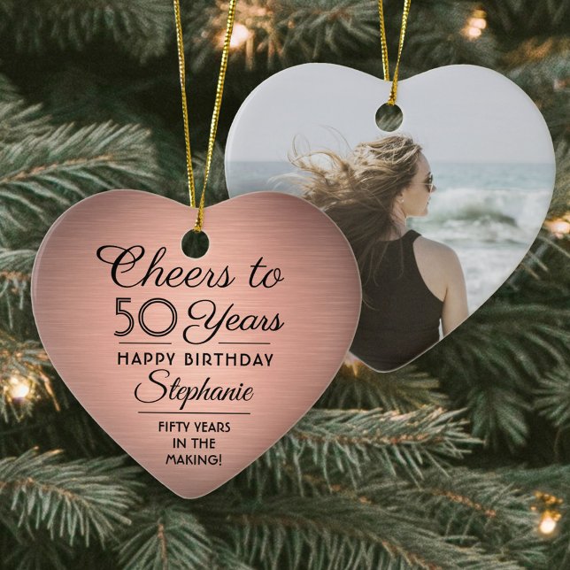 1 Photo ANY Birthday Brushed Pink Rose Gold Heart Ceramic Ornament (Creator Uploaded)