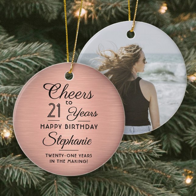1 Photo ANY Birthday Brushed Pink Rose Gold Round Ceramic Ornament (Creator Uploaded)