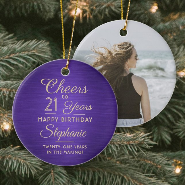 1 Photo ANY Birthday Brushed Purple and Gold Round Ceramic Ornament (Creator Uploaded)