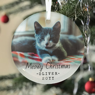 1 Photo Any Text Meowy Christmas Cat Simple Script Glass Tree Decoration